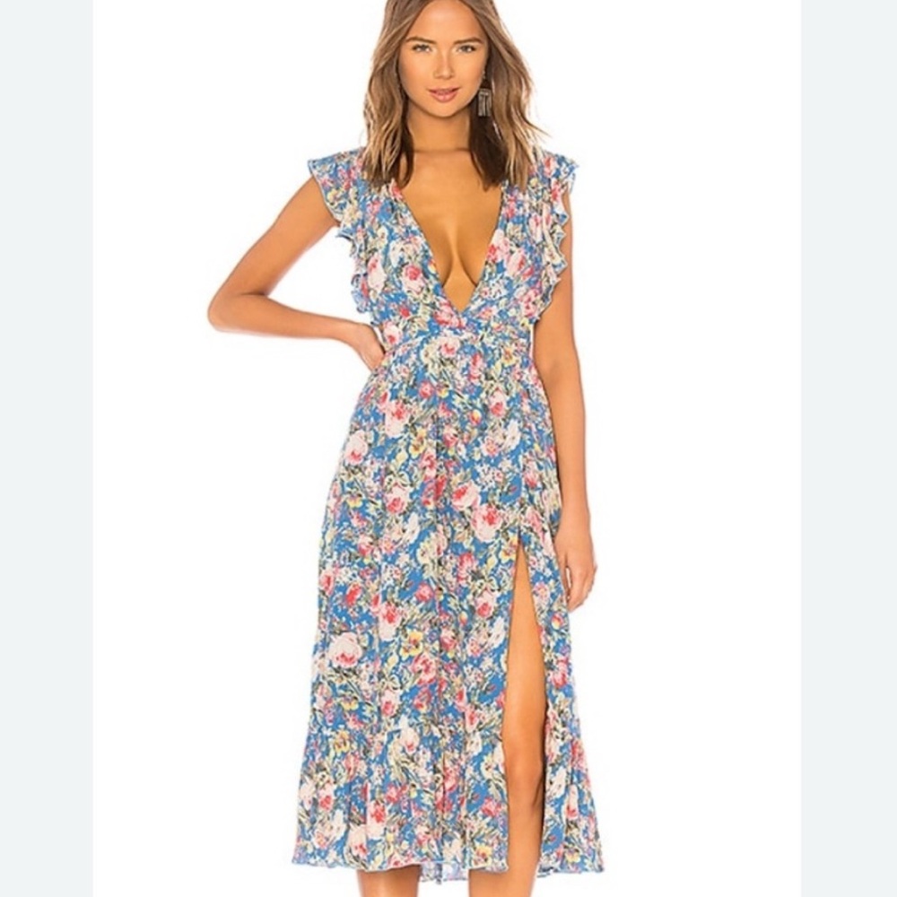 MAJORELLE Blue and Pink Ruffled Midi Dress with Plunge Neckline